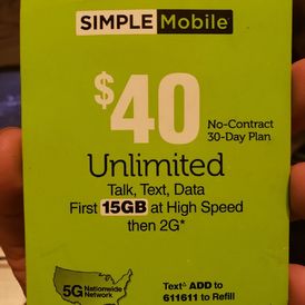 $40 Simple Mobile Prepaid Wireless Card