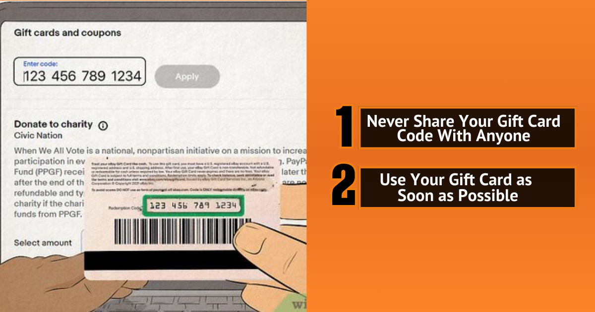 eBay gift card code entry screen with safety tips: never share code, use it as soon as possible.