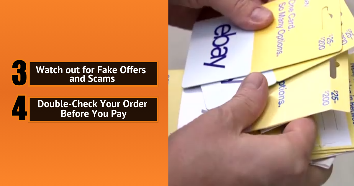 Hands holding eBay gift cards with safety tips: avoid scams and check your order before paying.