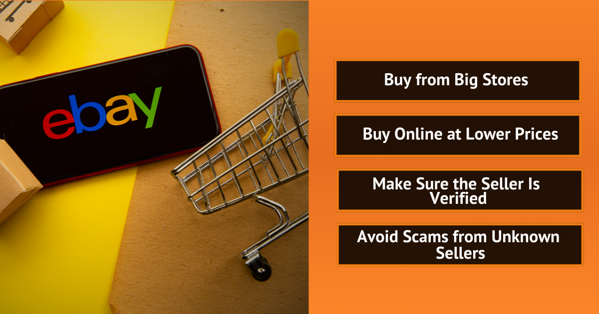 eBay shopping tips with phone and cart: buy smart, check sellers, avoid scams, and save money.