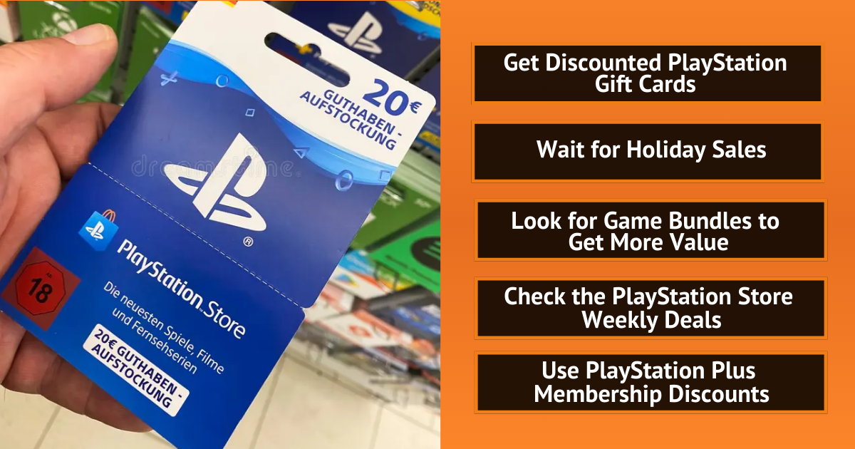 Hand holding a PlayStation Store gift card with tips to save money using sales and discounts.
