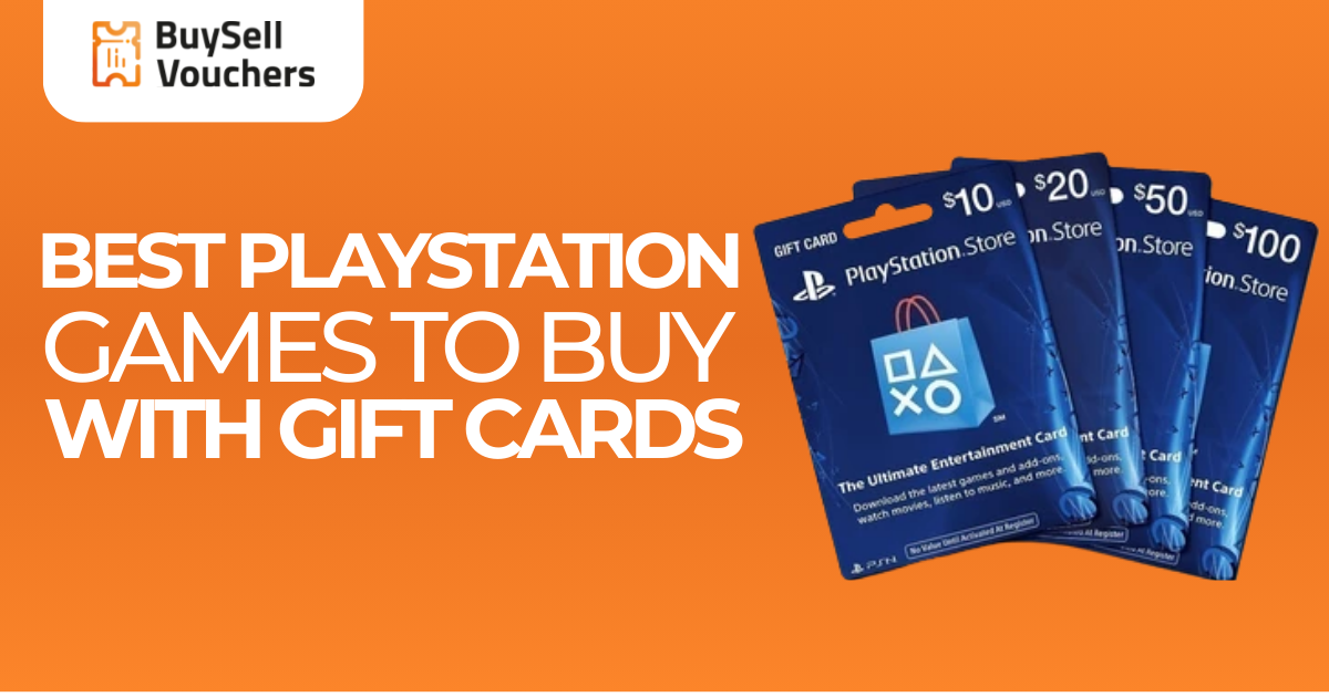 BuySellVouchers PlayStation gift card promo image with $10, $20, $50, and $100 gift cards.
