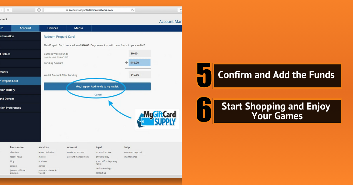 PlayStation wallet screen with steps: Confirm and add funds, then start shopping and enjoy games.