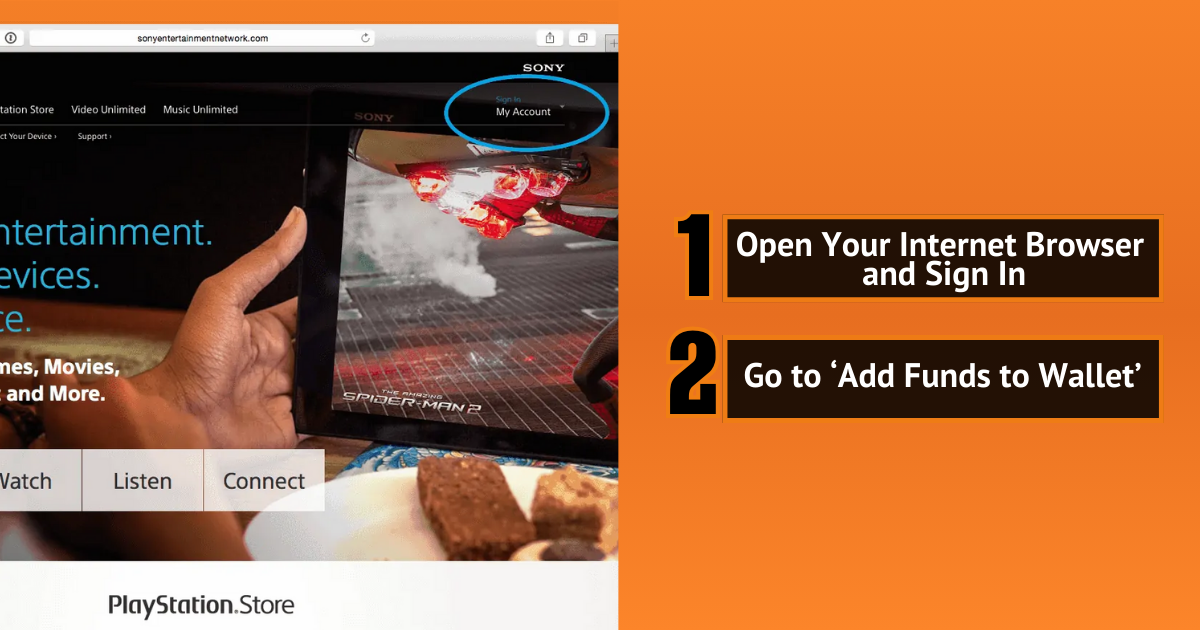 PlayStation Store website with instructions: Open browser, sign in, and go to ‘Add Funds to Wallet’.
