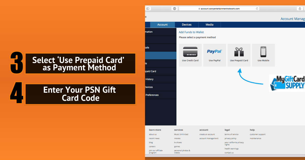 PlayStation payment screen with instructions: Select ‘Use Prepaid Card’ and enter PSN gift card code.