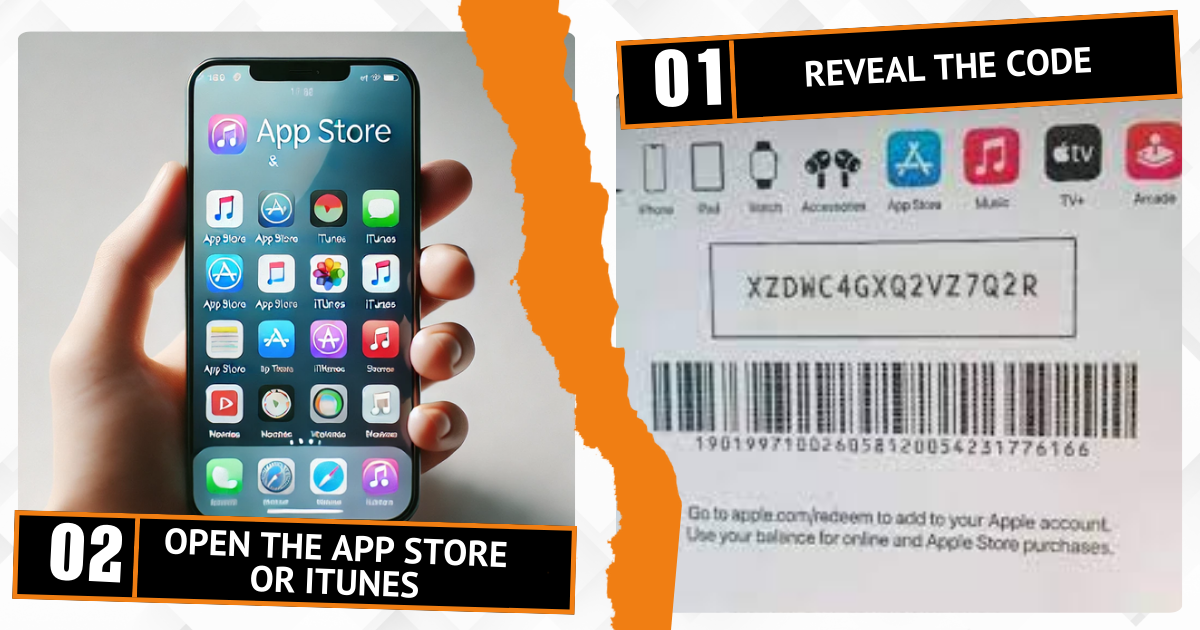 Schritte zum Einlösen einer iTunes-Geschenkkarte: Code freilegen und App Store oder iTunes öffnen.