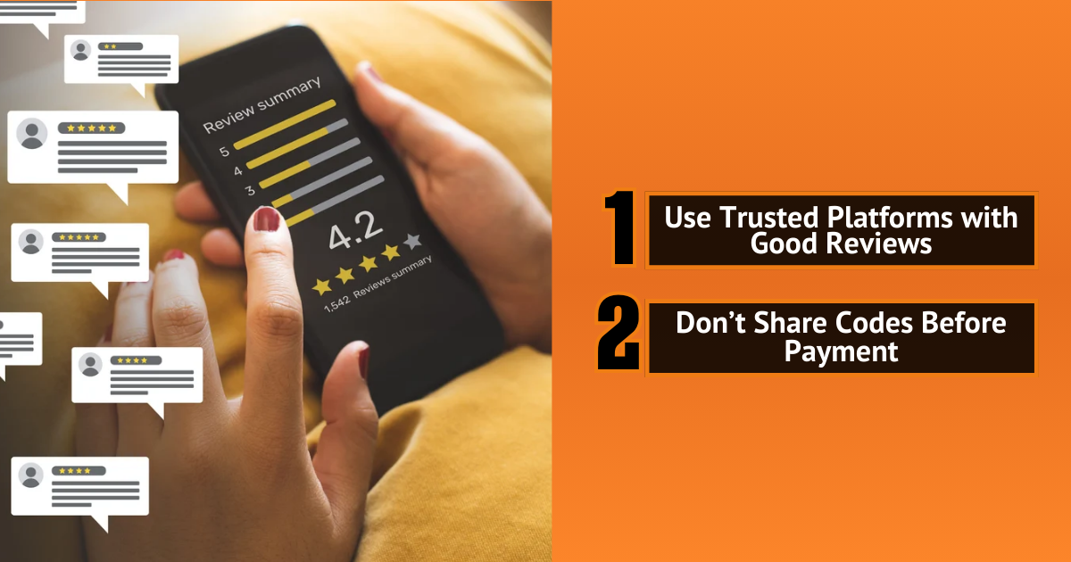 Person checking online reviews on a smartphone with safety tips for selling gift cards securely.