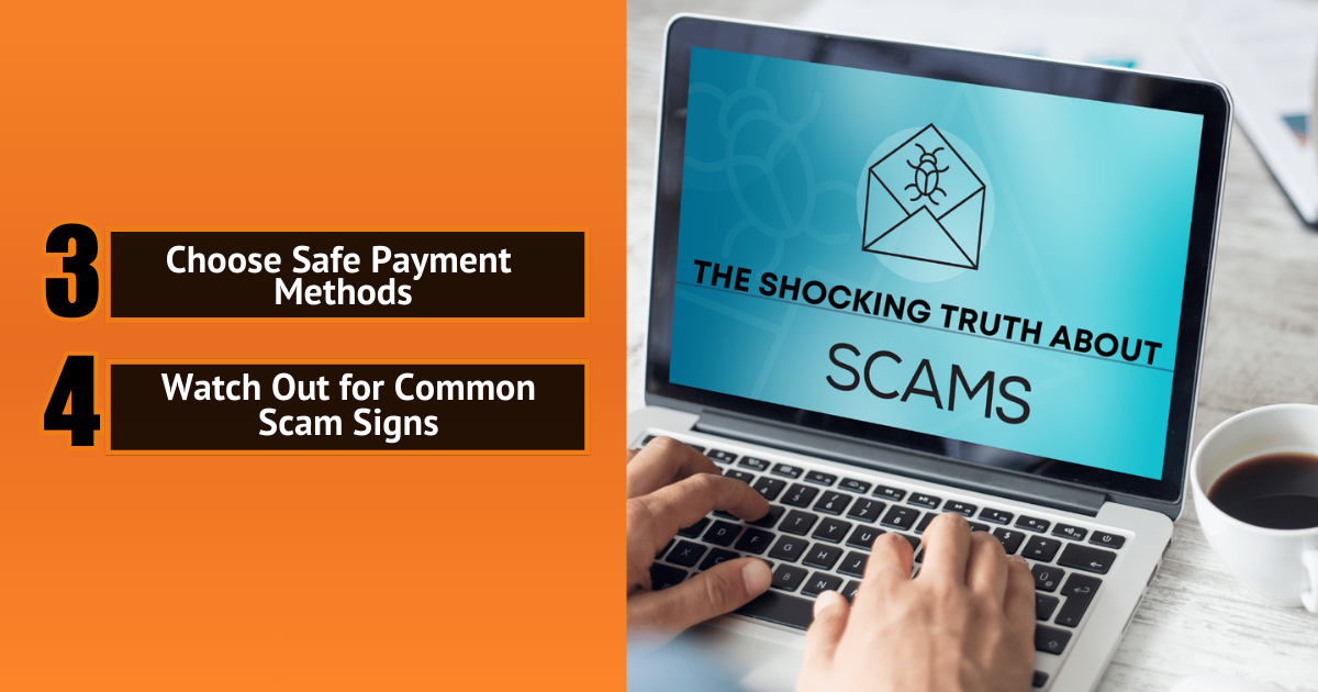 Person using a laptop with a warning about scams and tips for safe payment and avoiding fraud.