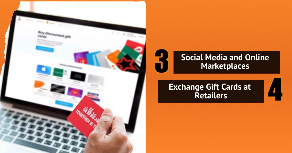 Person using a laptop to sell gift cards online with options for social media and retailer exchanges.