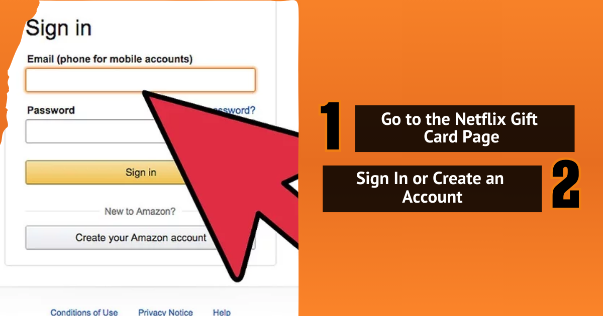 Large red cursor pointing to sign-in page with Netflix gift card steps 1 and 2 shown.