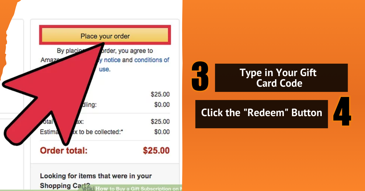 Red cursor pointing at "Place your order" with Netflix gift card steps 3 and 4 shown.