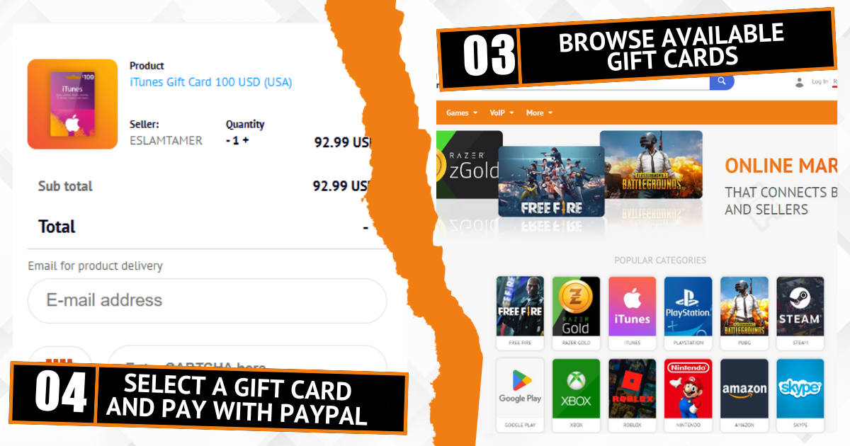 Просмотр подарочных карт на BuySellVouchers, выбор карты и безопасная оплата с помощью средств PayPal.