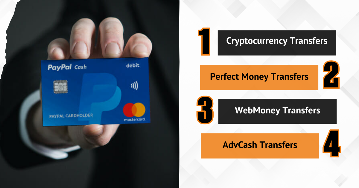 Рука с дебетовой картой PayPal Cash с опциями для криптовалютных и денежных переводов.