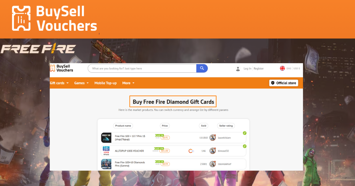 BuySellVouchers page showing Free Fire diamond gift card listings and prices.