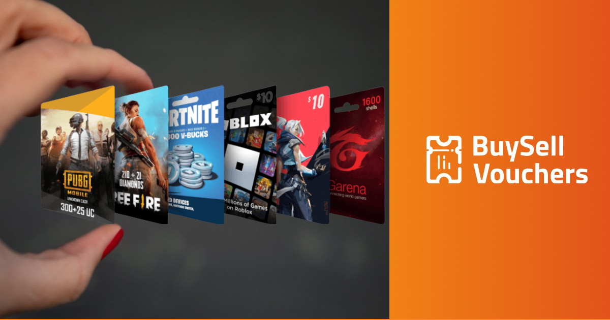 Hand holding various game gift cards like PUBG, Free Fire, Roblox on BuySellVouchers.