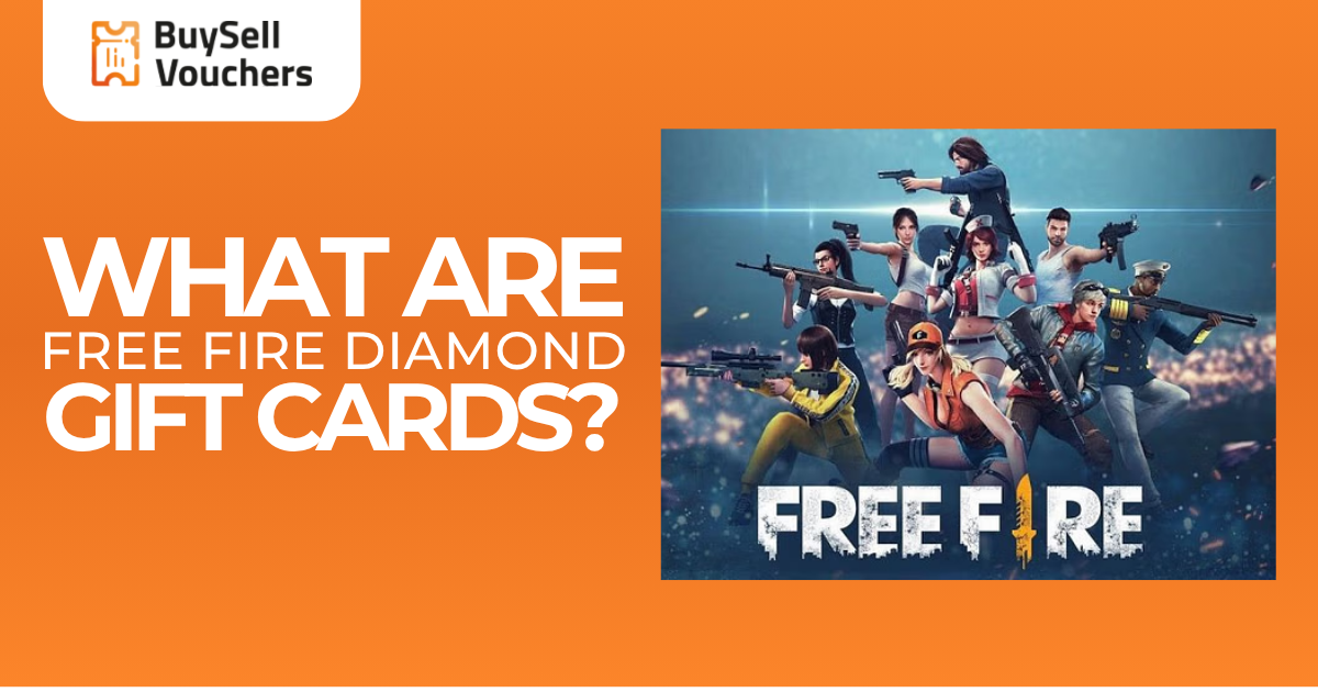 Free Fire diamond gift cards promo image featuring in-game characters and BuySellVouchers branding.