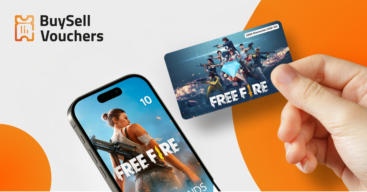 Free Fire gift cards displayed on phone and in hand with BuySellVouchers branding.