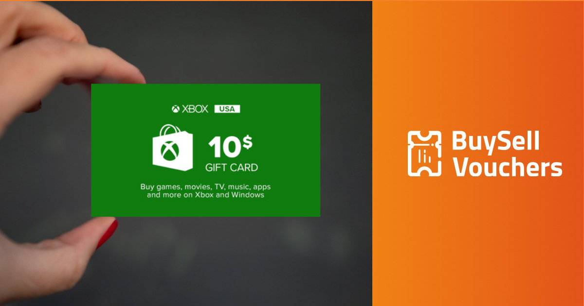 Hand holding $10 Xbox USA gift card with BuySellVouchers logo on orange background.