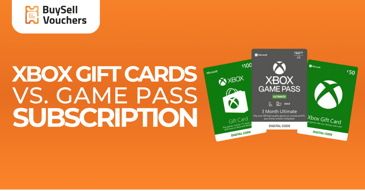 Xbox Gift Cards and Game Pass Subscription comparison with digital cards shown on an orange background.