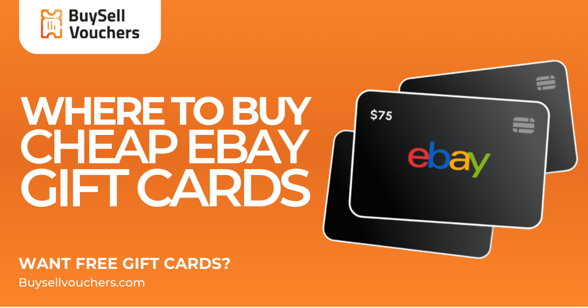 BuySellVouchers ad with black eBay gift cards on an orange background, offering cheap deals.