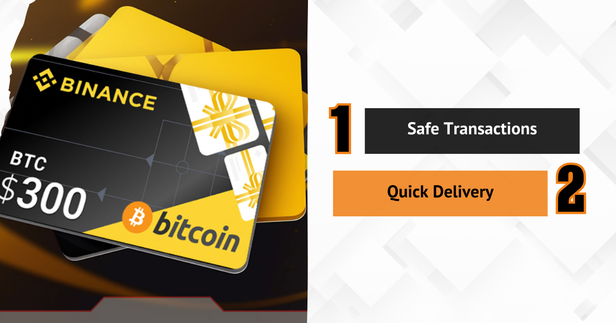 Binance Bitcoin gift card with text showing Safe Transactions and Quick Delivery features.