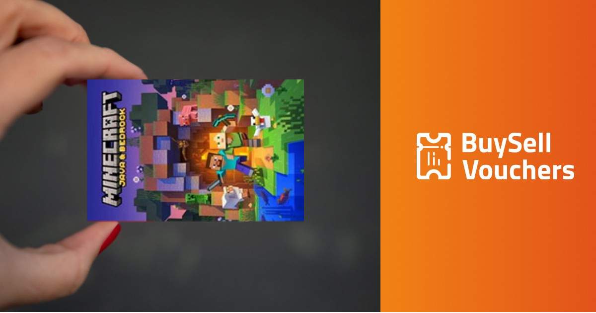 Person holding a Minecraft Java & Bedrock card beside BuySell Vouchers logo on orange backdrop.