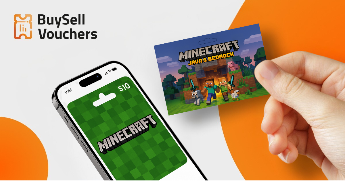 BuySell Vouchers ad showing a $10 Minecraft card on phone and hand holding Java & Bedrock card.