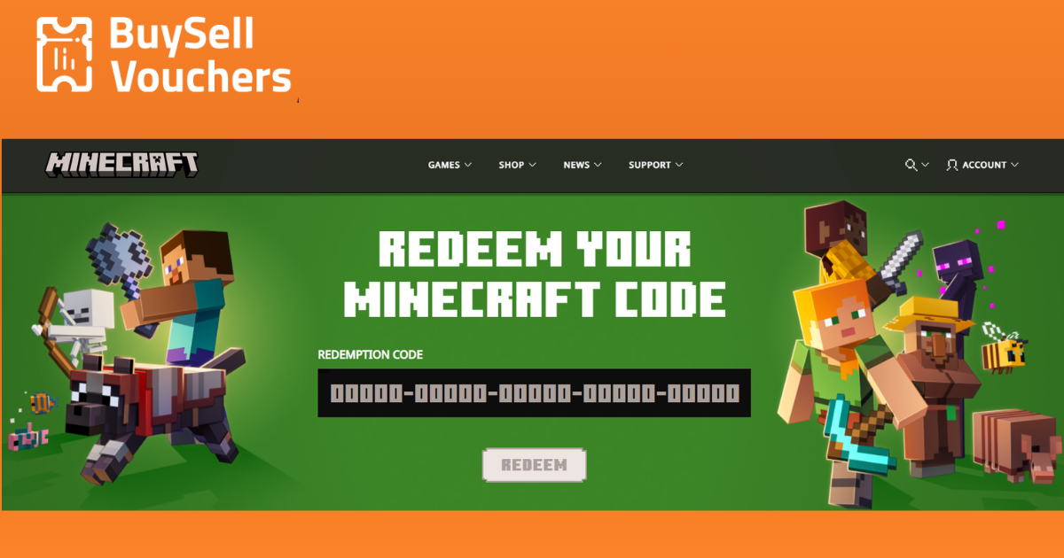 Minecraft code redemption page with characters on green background and BuySell Vouchers header.