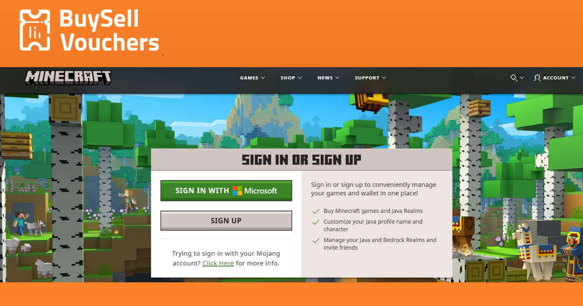Minecraft sign-in page with Microsoft login option, shown under a BuySell Vouchers banner top-left.