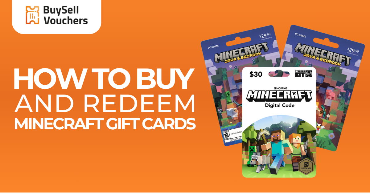 BuySellVouchers banner showing how to buy and redeem Minecraft gift cards digitally.