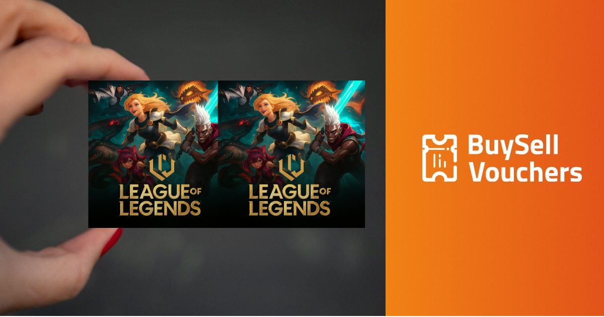 Hand holding two League of Legends cards beside BuySellVouchers logo on an orange background.