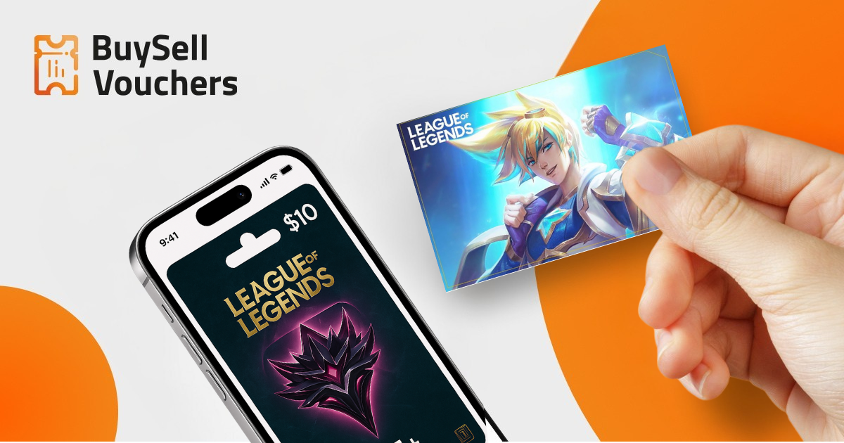 Hand holding a League of Legends card beside a phone showing a $10 gift card on screen.