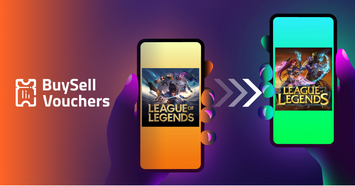 Two phones showing League of Legends artwork with transfer arrows and BuySellVouchers logo.
