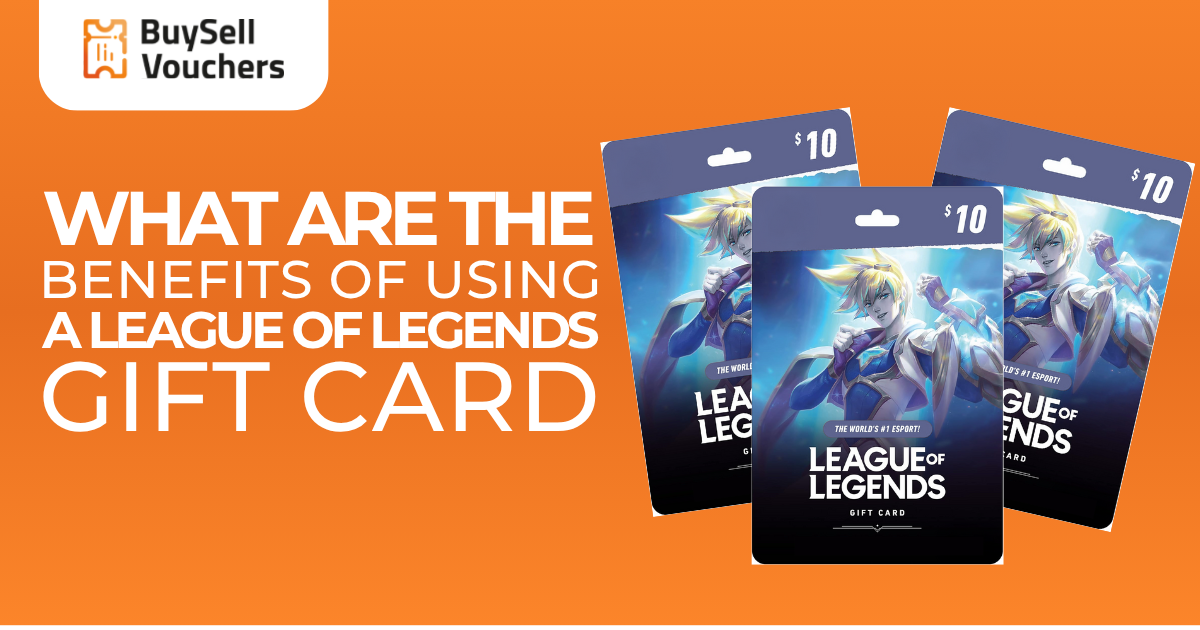 BuySellVouchers ad showing three $10 League of Legends gift cards on an orange background.