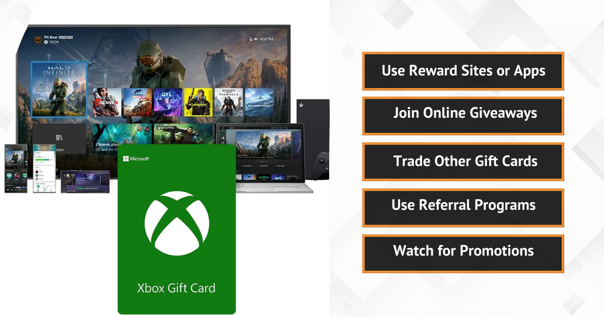 Xbox gift card image with five ways to earn free cards, including apps, trades, and promos.