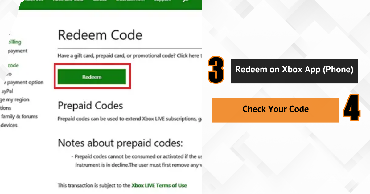 Xbox redeem page with steps 3 and 4 showing how to redeem via app and check your code.