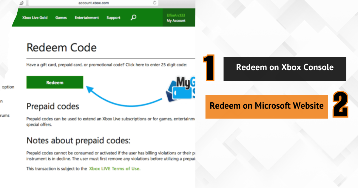 Xbox redeem code page with steps showing how to redeem on console or Microsoft website.
