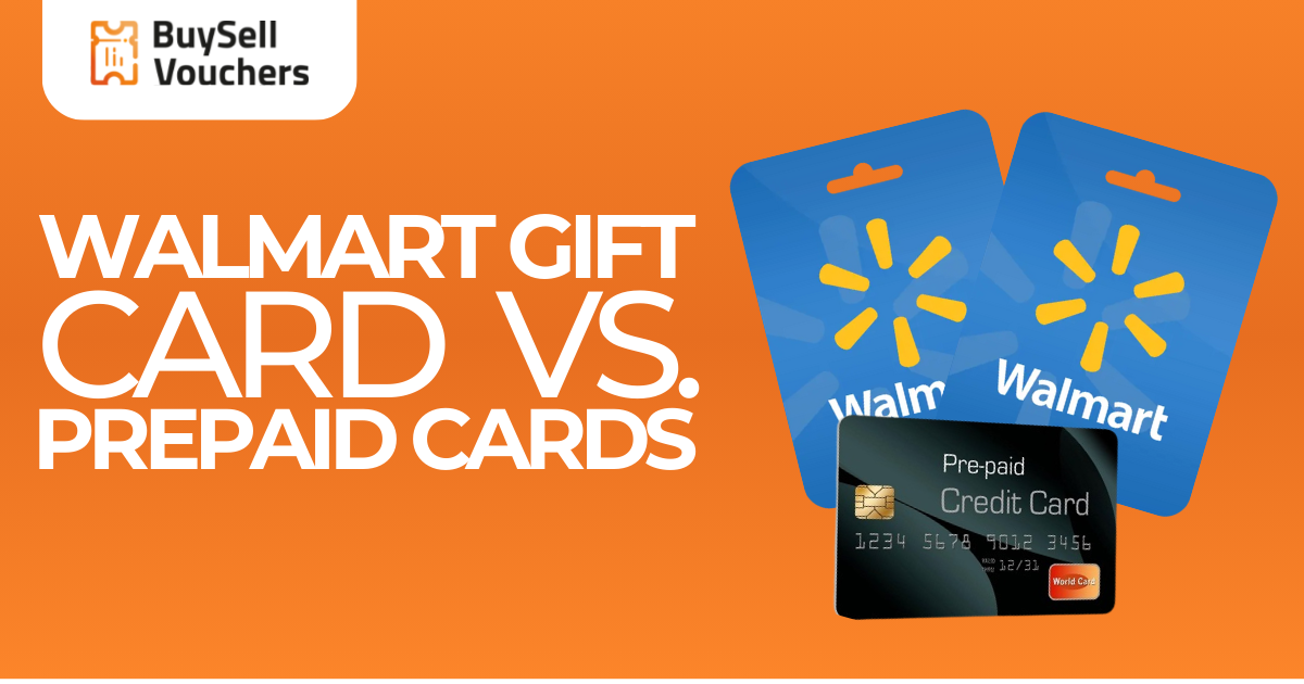 BuySellVouchers-Bild zeigt Walmart-Geschenkkarten und eine Prepaid-Karte auf einem orangefarbenen Hintergrund.