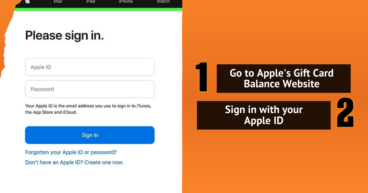Apple-Anmeldeseite mit Schritten: Gehe zur Guthabenseite für Geschenkkarten und melde dich mit der Apple-ID an.