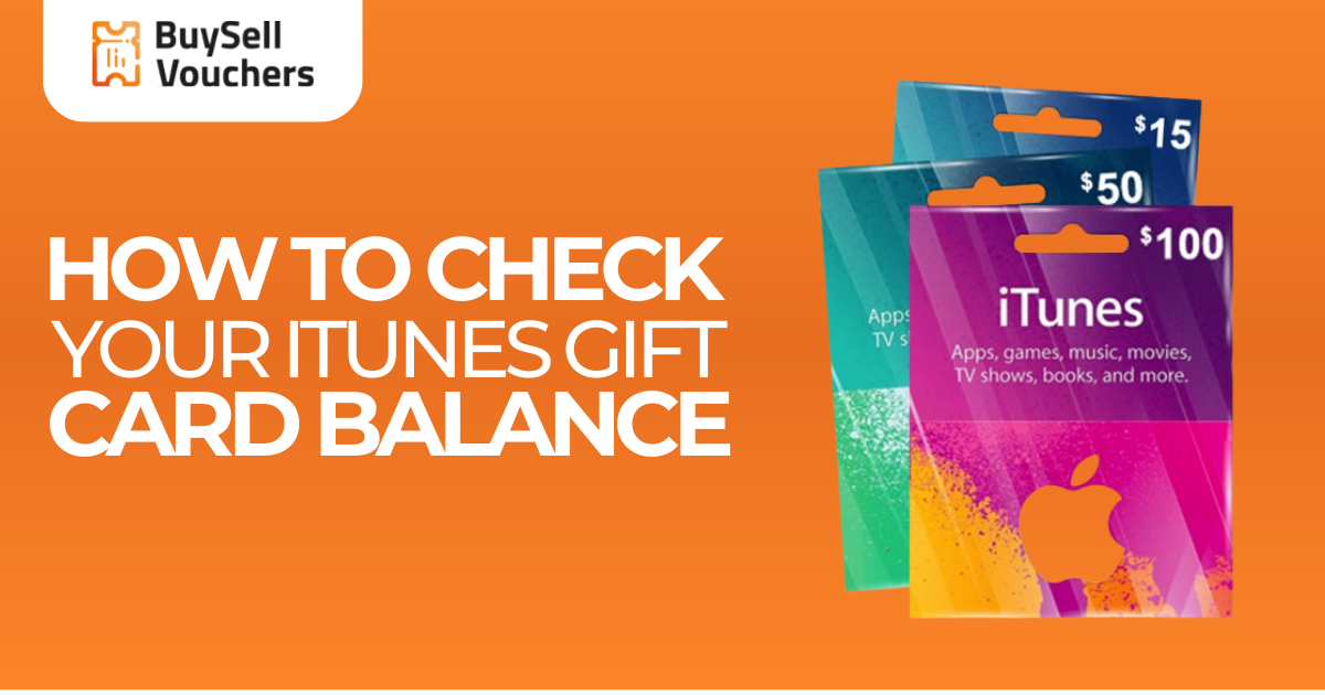 Drei iTunes-Geschenkkarten und BuySellVouchers-Logo mit Text: So prüfen Sie Ihr Guthaben und finden iTunes-Geschenkkarten-Angebote.