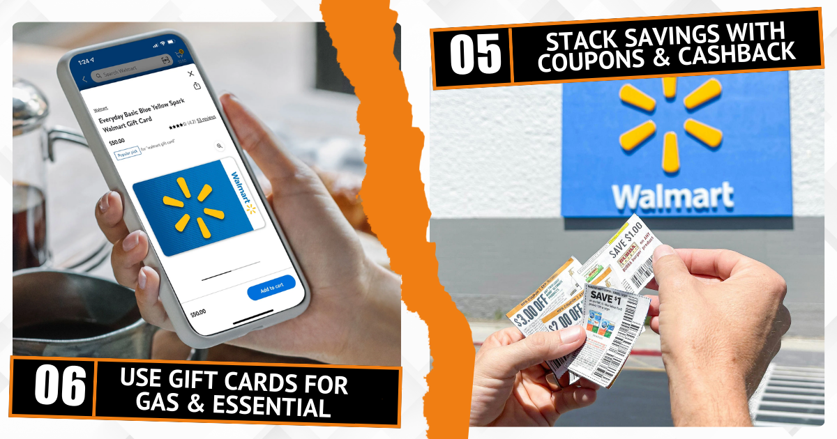 Tips for saving at Walmart using gift cards for essentials and stacking coupons for cashback.