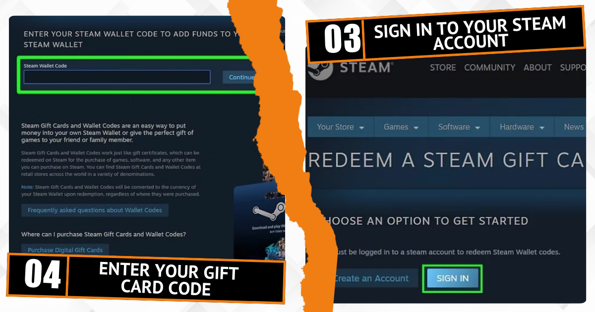 Steps to redeem a Steam gift card: sign in to your Steam account and enter the gift card code.