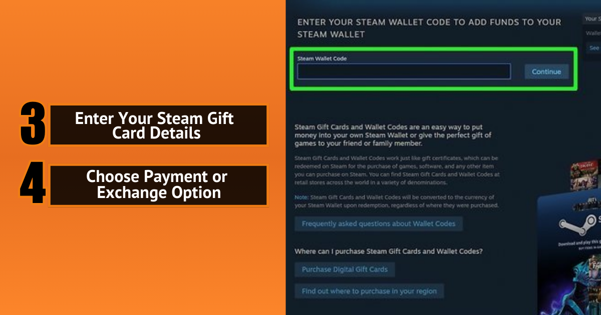 صفحة إدخال رمز محفظة Steam مع خطوتين للتداول: إدخال تفاصيل بطاقة الهدايا واختيار الدفع.