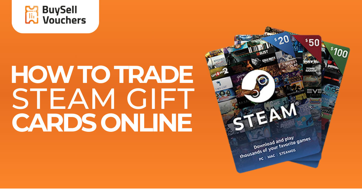 بانر BuySellVouchers يوضح كيفية تداول بطاقات هدايا Steam عبر الإنترنت ببطاقات بقيمة 20، 50، و100 دولار.