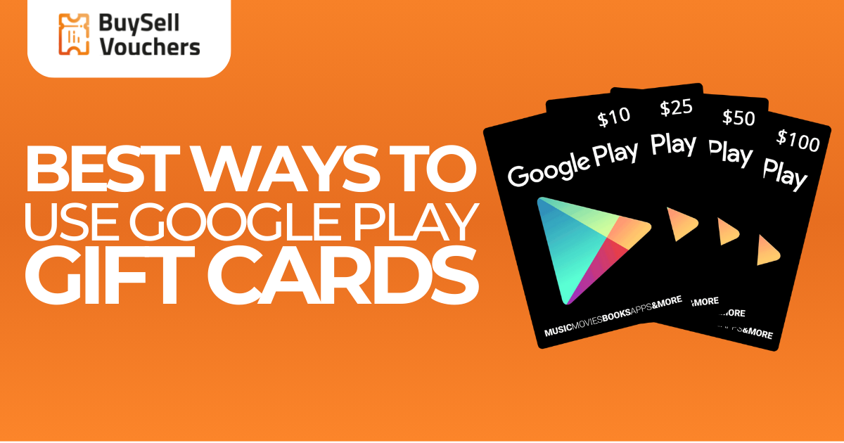 Карты подарков Google Play номиналом $10, $25, $50 и $100 с баннером BuySellVouchers, выделяющим предложения по картам подарков Google Play.