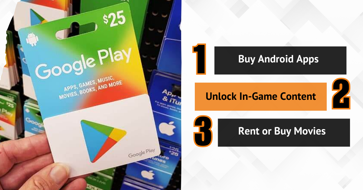 Main tenant une carte Google Play de 25 $ avec des conseils pour acheter des applications, débloquer des jeux ou regarder des films.