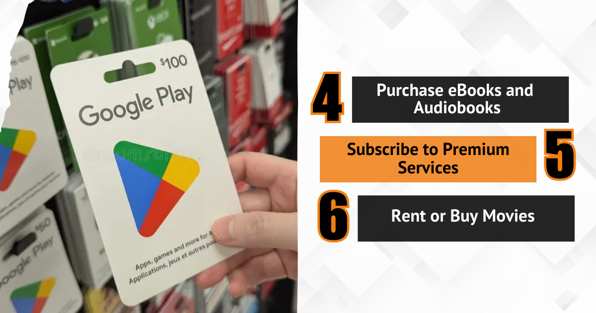 Main tenant une carte Google Play de 100 $ avec des conseils pour acheter des livres, s'abonner ou offrir en cadeau.